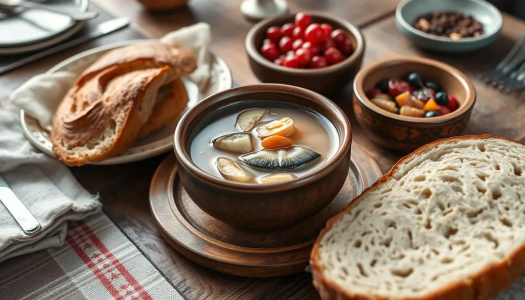 Traditional Russian northern cuisine with fish soup and berries Traditional Russian northern cuisine with fish soup and berries