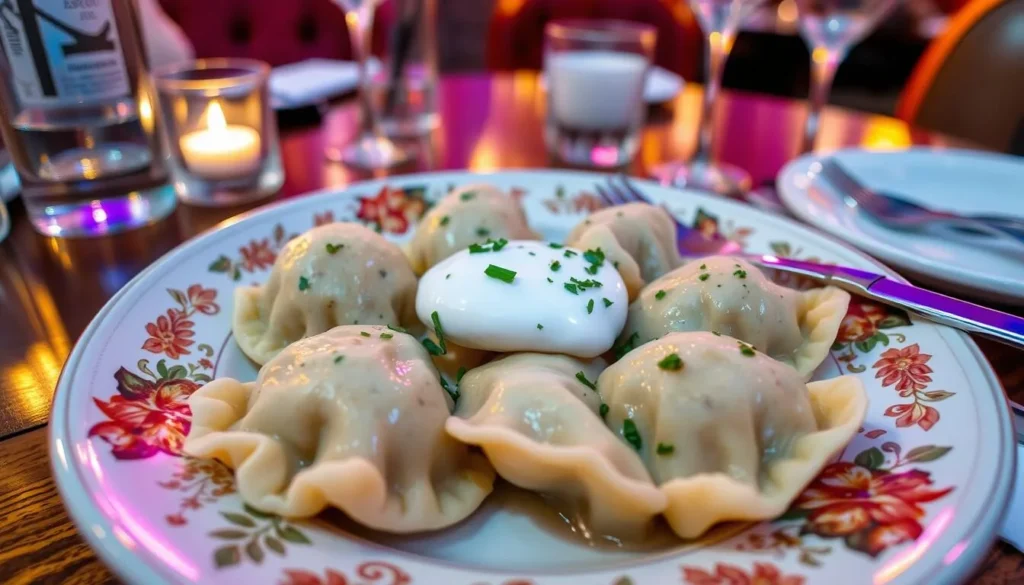 Traditional Russian pelmeni dumplings served in a restaurant in Yekaterinburg