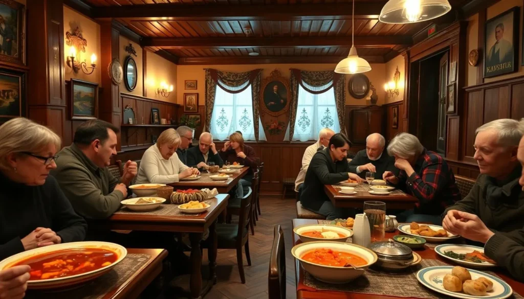 Traditional Russian restaurant in Tolyatti with diners enjoying local dishes and warm interior decor