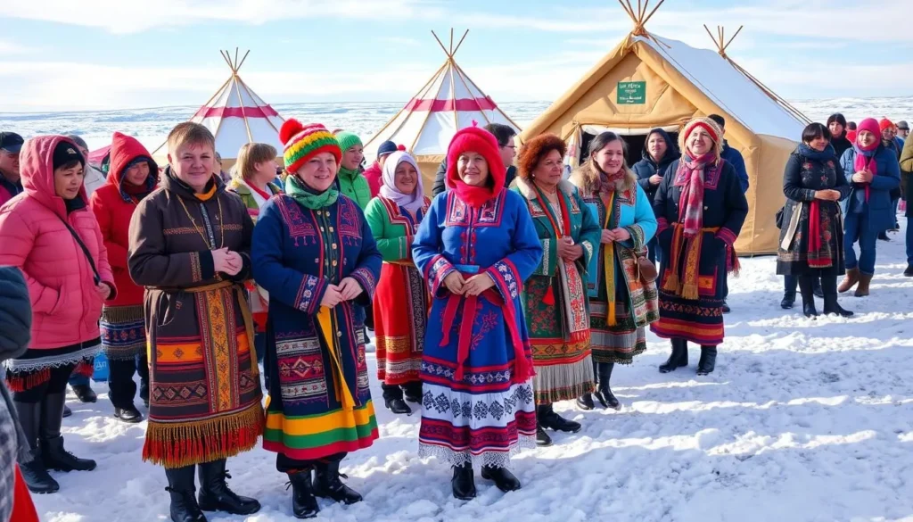 Traditional Sami cultural celebration with colorful traditional clothing
