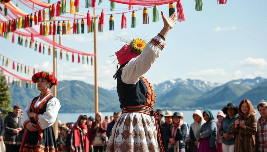 Traditional Siberian cultural festival with diverse visitors watching performances
