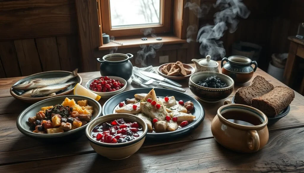 Traditional Siberian meal with fish, berries and local dishes