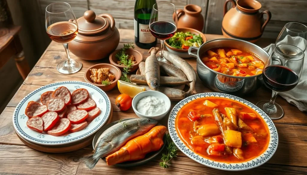 Traditional Slavonian cuisine featuring kulen sausage, čobanac stew, and local wines Traditional Slavonian cuisine featuring kulen sausage, čobanac stew, and local wines