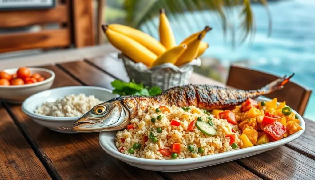 Traditional St. Kitts cuisine featuring fresh seafood, plantains, and local vegetables Traditional St. Kitts cuisine featuring fresh seafood, plantains, and local vegetables