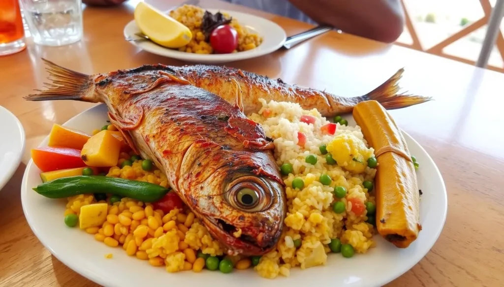 Traditional St. Lucian cuisine with fresh seafood and local ingredients
