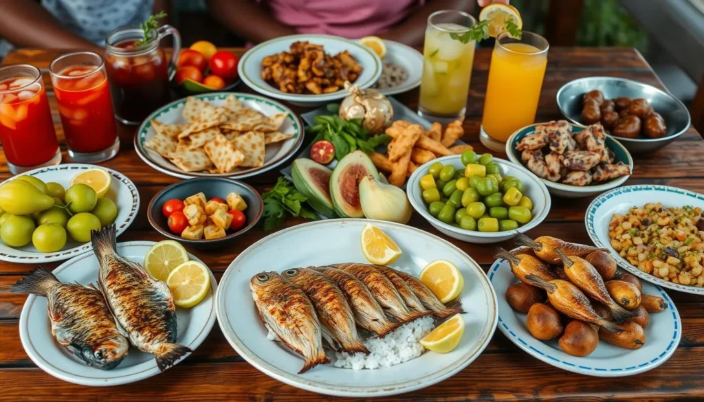 Traditional St. Lucian cuisine with seafood and local dishes