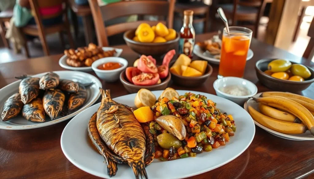 Traditional St. Lucian food including fresh seafood and local provisions