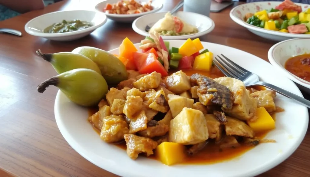 Traditional St. Lucian meal with green fig and saltfish, served at a local Choiseul restaurant