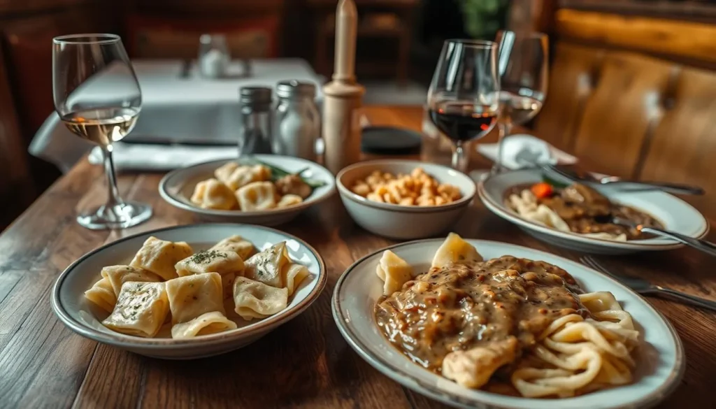 Traditional Swabian meal with Maultaschen, Spätzle, and local wine served in a cozy Stuttgart restaurant