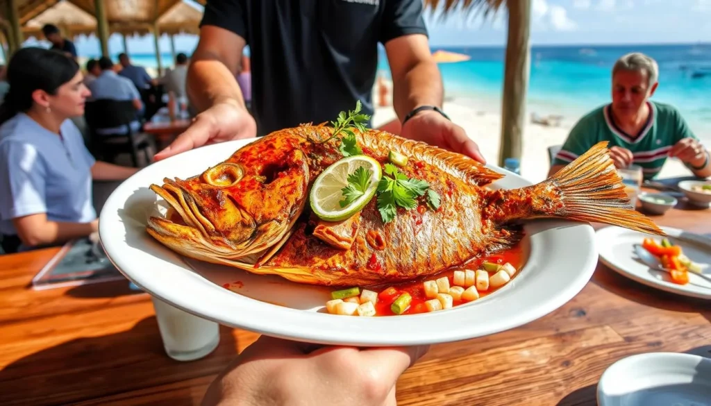 Traditional Tikin Xic fish dish being served at a beachfront restaurant on Isla Mujeres Traditional Tikin Xic fish dish being served at a beachfront restaurant on Isla Mujeres