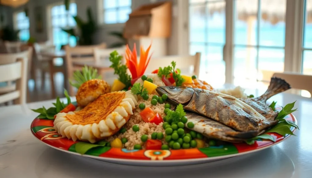Traditional Turks and Caicos seafood platter featuring conch fritters and grilled fish