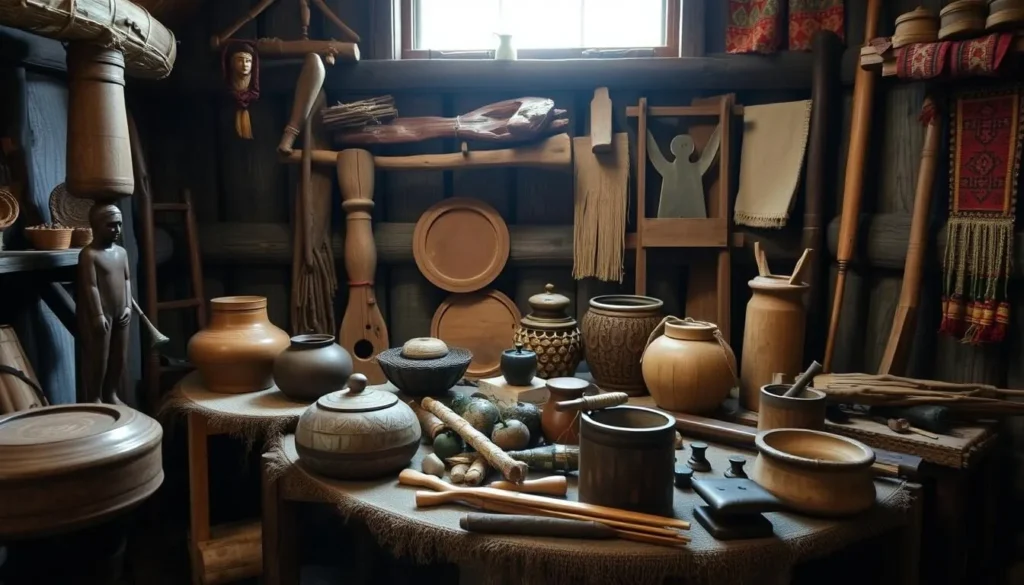 Traditional Udege crafts and cultural artifacts displayed in a village setting Traditional Udege crafts and cultural artifacts displayed in a village setting