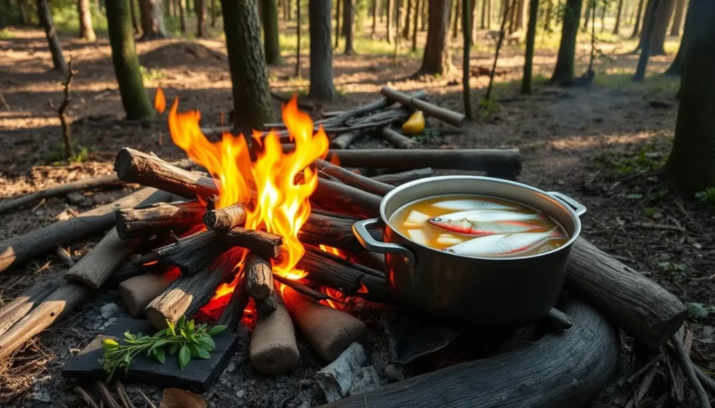 Traditional Udege cuisine being prepared over an open fire in the forest Traditional Udege cuisine being prepared over an open fire in the forest