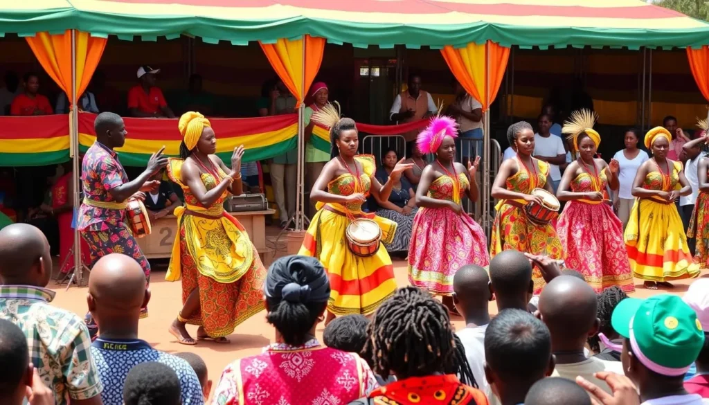 Traditional Ugandan cultural performance with dancers in colorful attire