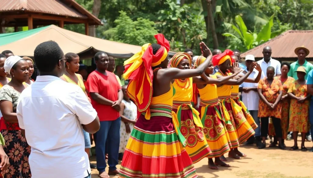 Traditional Ugandan cultural performance with dancers in colorful attire in Jinja