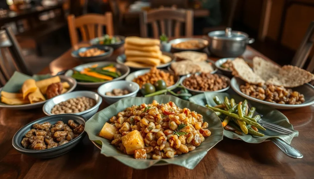 Traditional Ugandan food being served at a local restaurant in Mbale, showcasing the Bamasaba cuisine that visitors can experience