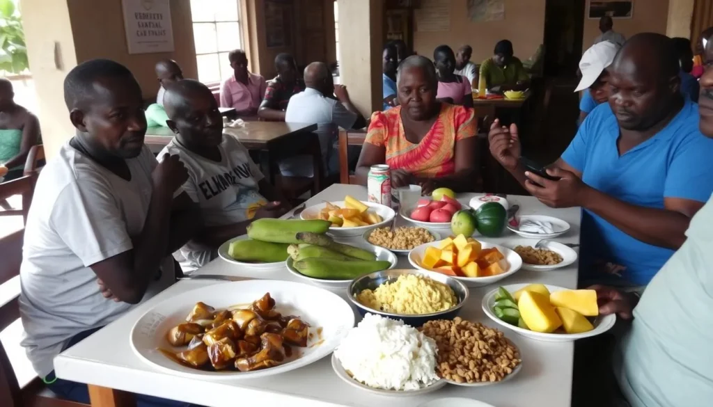 Traditional Ugandan food served at a local restaurant in Masaka