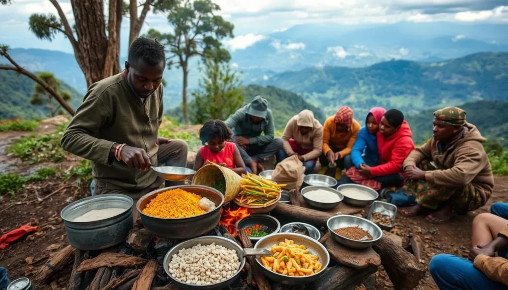 Traditional Ugandan meal being prepared at a campsite on Mount Kadam