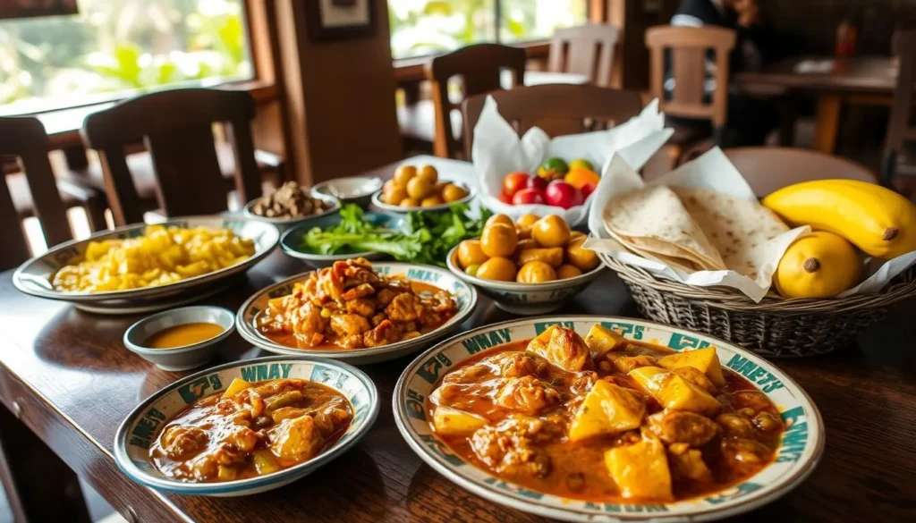 Traditional Ugandan meal served at a restaurant in Jinja with local dishes