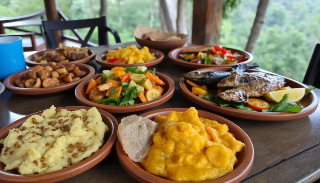 Traditional Ugandan meal with local dishes served near Semuliki National Park