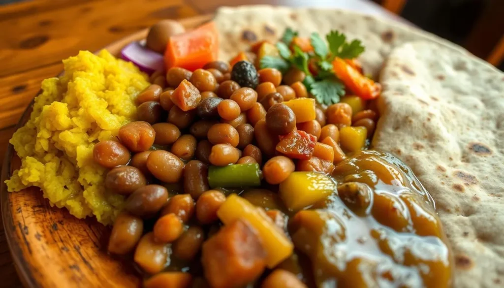 Traditional Ugandan meal with matoke, beans, and vegetables served near Mount Elgon