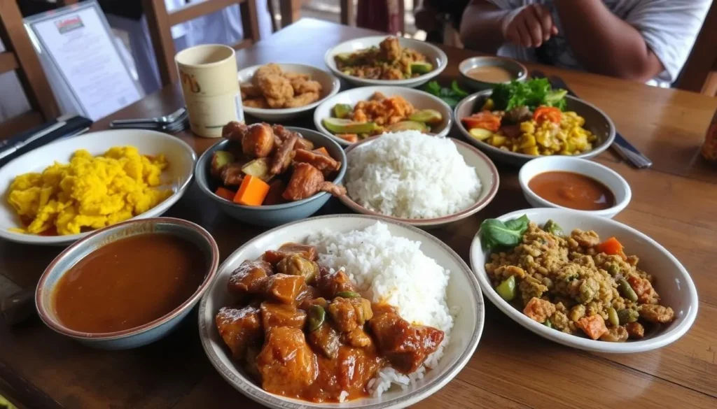 Traditional Ugandan meal with matoke, meat stew, and vegetables served at a safari lodge