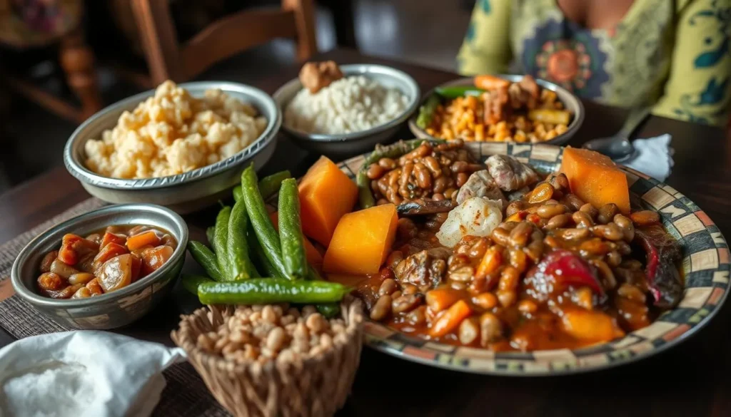 Traditional Ugandan meal with matoke, posho, and local vegetables served in the foothills of Rwenzori Mountains