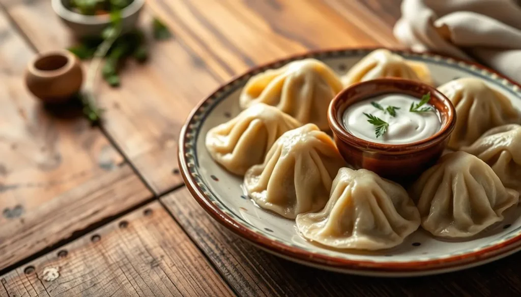Traditional Ural pelmeni dumplings served with sour cream and herbs