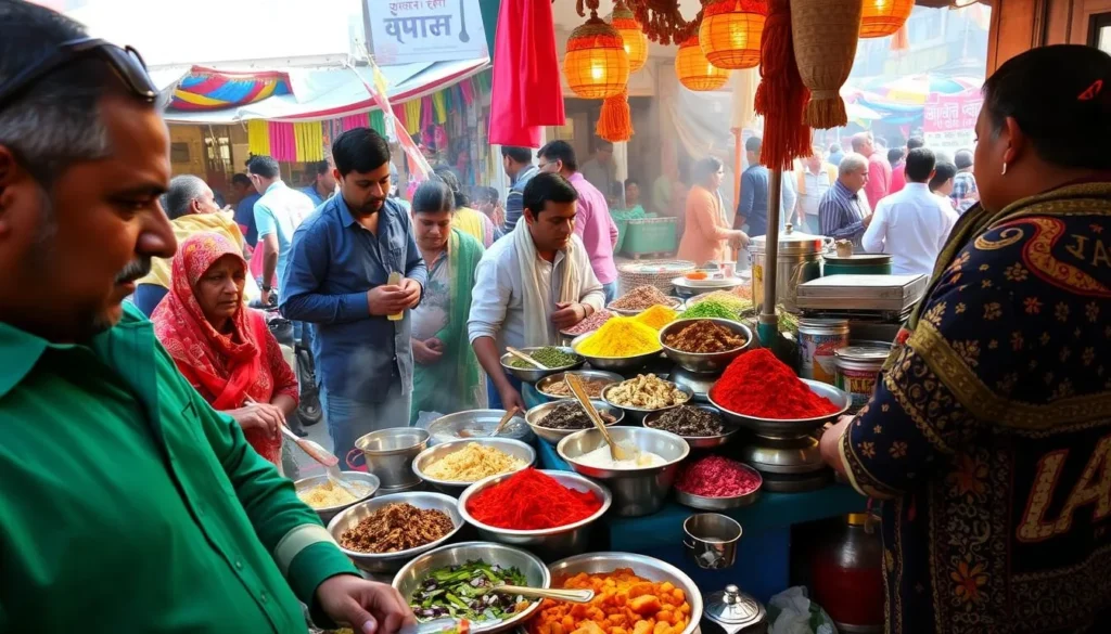 Traditional Varanasi street food being prepared with colorful spices and ingredients, with diverse tourists enjoying the local cuisine