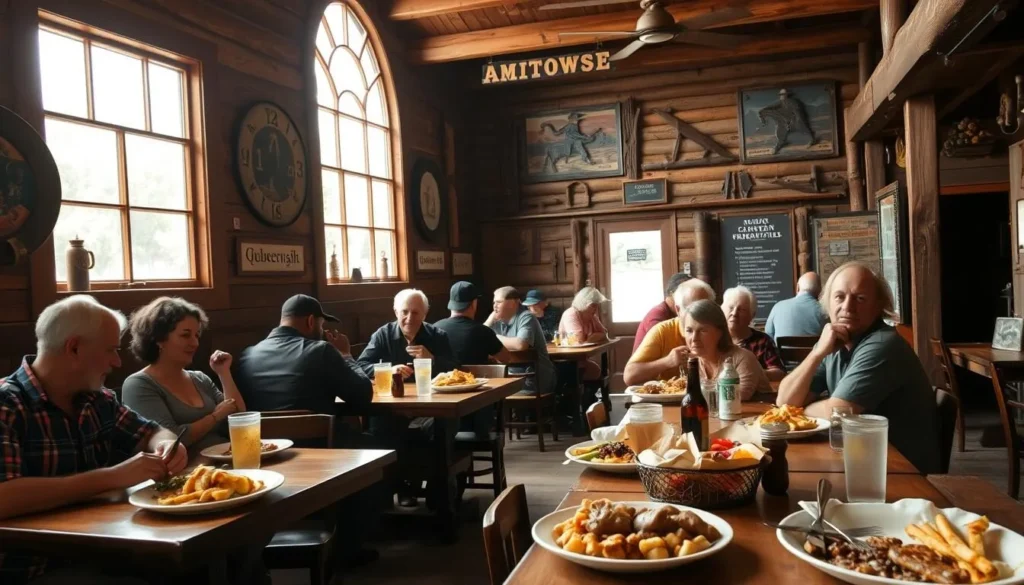 Traditional Western-style restaurant in the Black Mountains region with rustic decor and food being served Traditional Western-style restaurant in the Black Mountains region with rustic decor and food being served