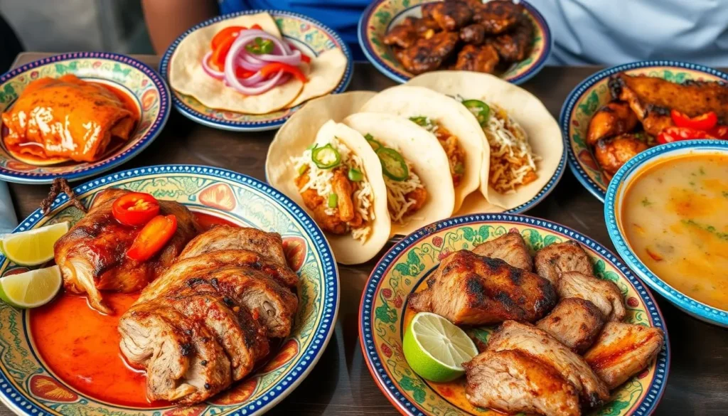 Traditional Yucatecan cuisine including cochinita pibil and other local dishes