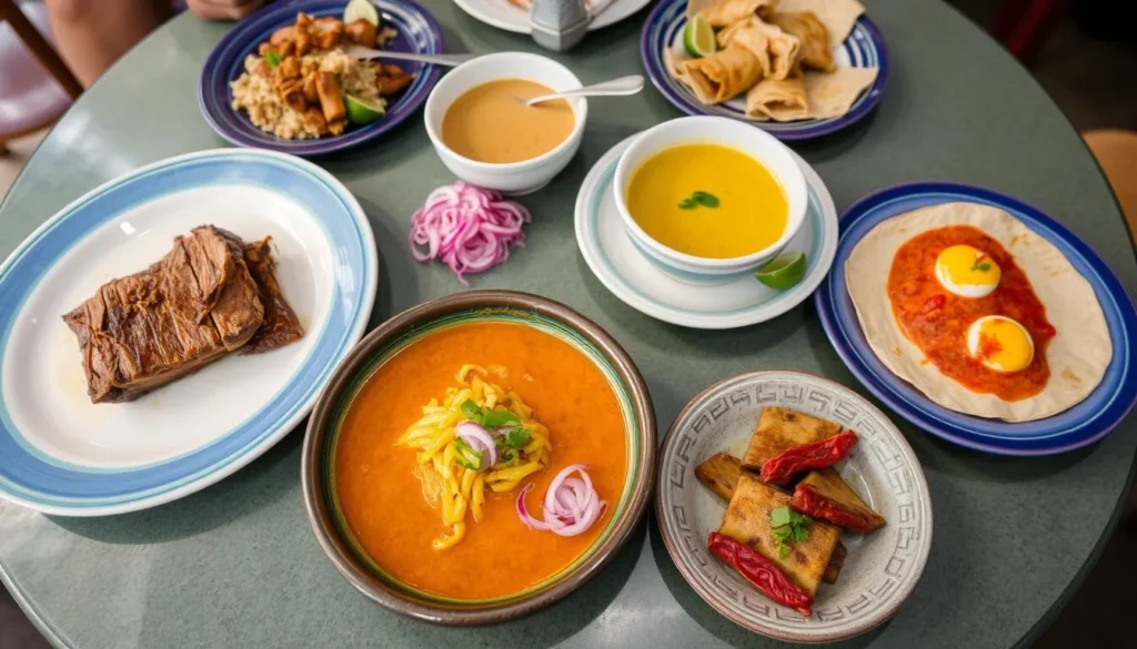 Traditional Yucatecan dishes including cochinita pibil and sopa de lima in Merida Mexico