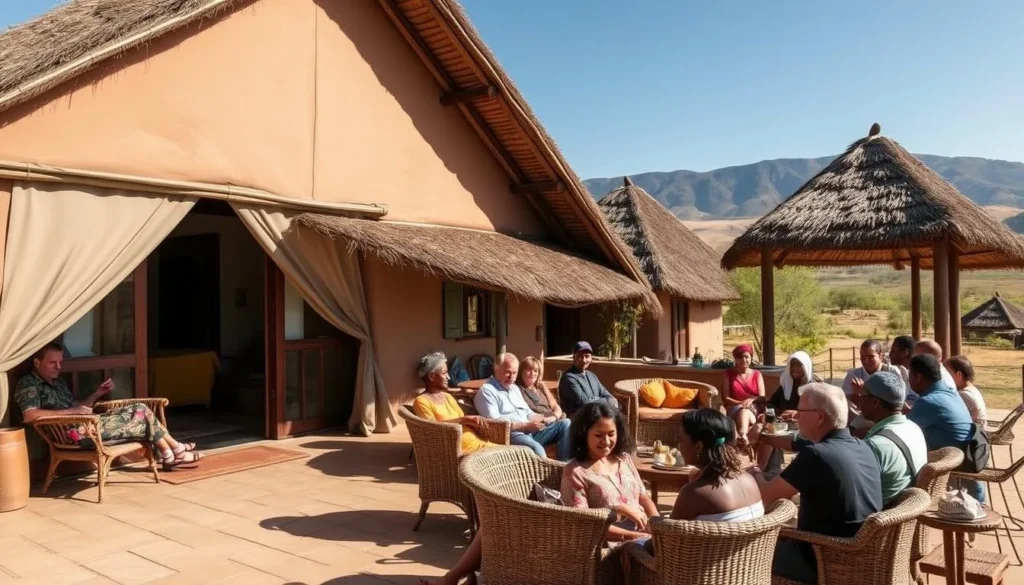Traditional accommodation in Omo Valley showing a comfortable lodge with diverse tourists relaxing in the common area