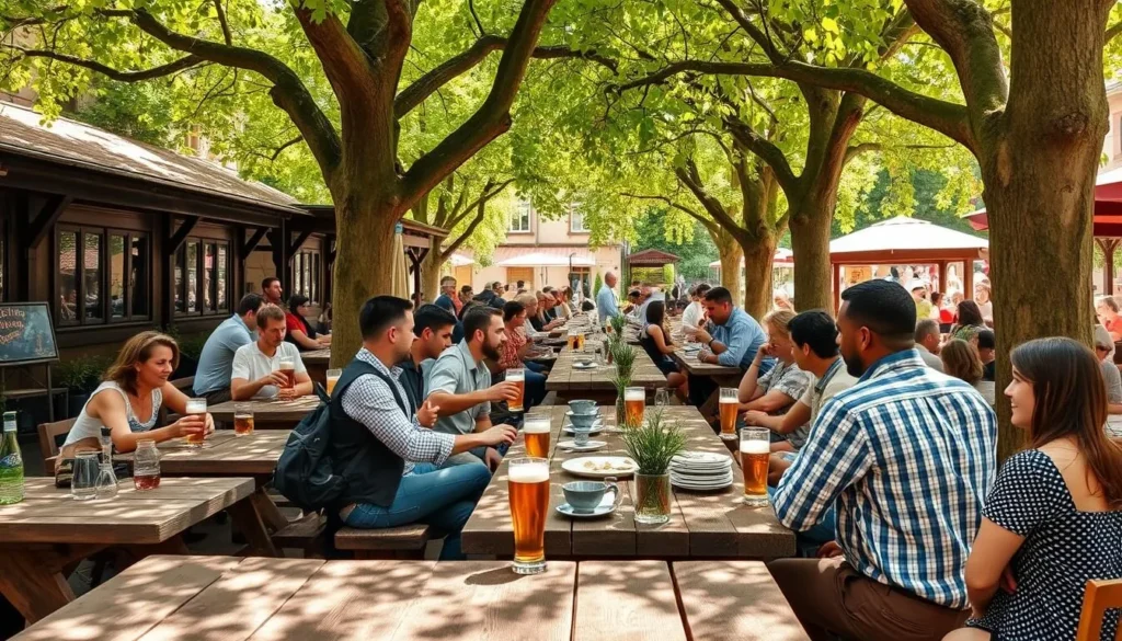 Traditional beer garden in Bamberg Germany with locals and tourists enjoying Rauchbier, essential Bamberg Germany things to do experience