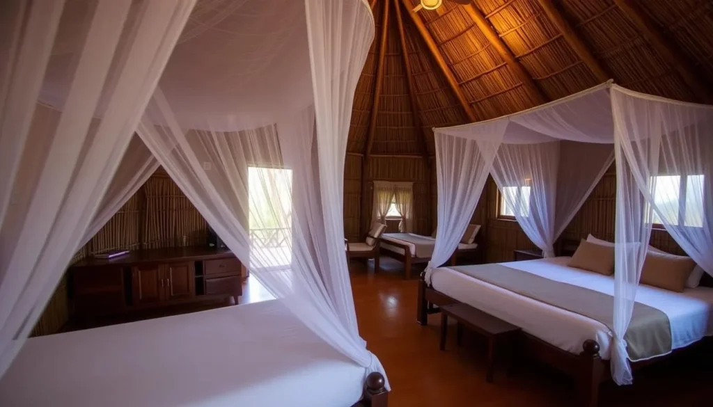 Traditional benab accommodations at Surama Eco-Lodge with comfortable beds and mosquito nets