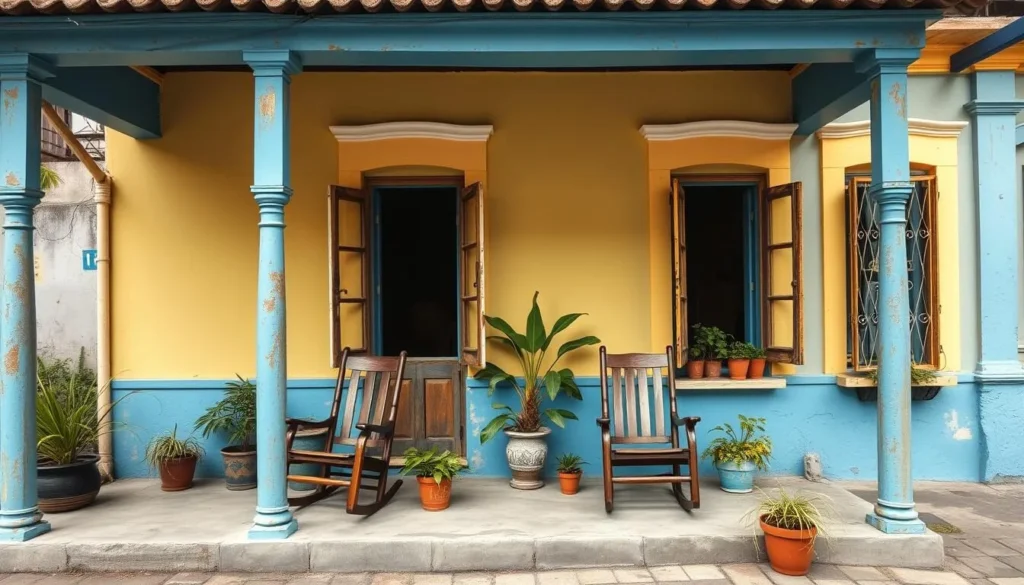 Traditional casa particular in San Cristobal with colorful facade and rocking chairs on the porch