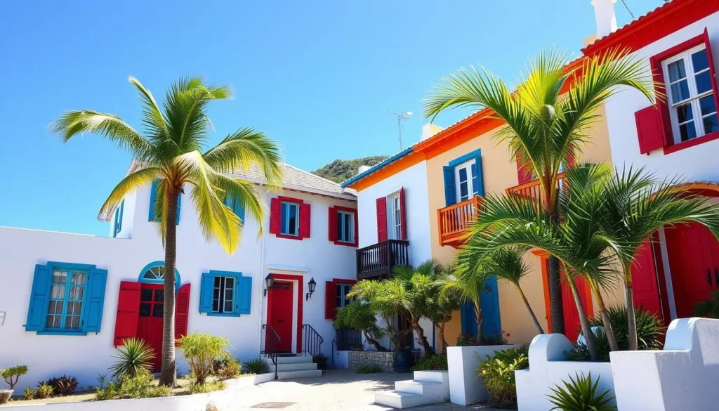 Traditional colorful houses in Corossol village with Caribbean architectural details