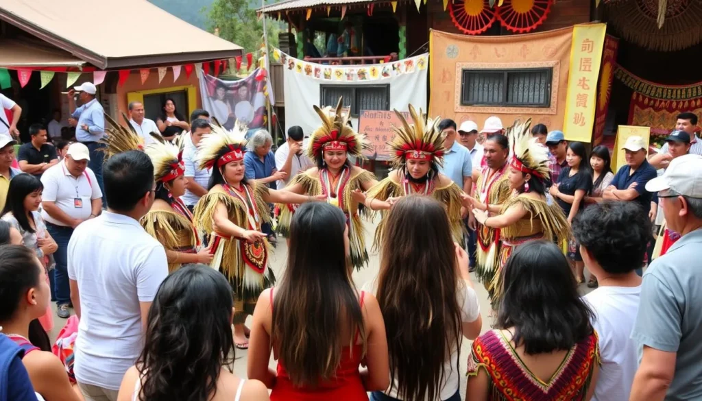 Traditional cultural performance with indigenous dancers in colorful attire at a local festival