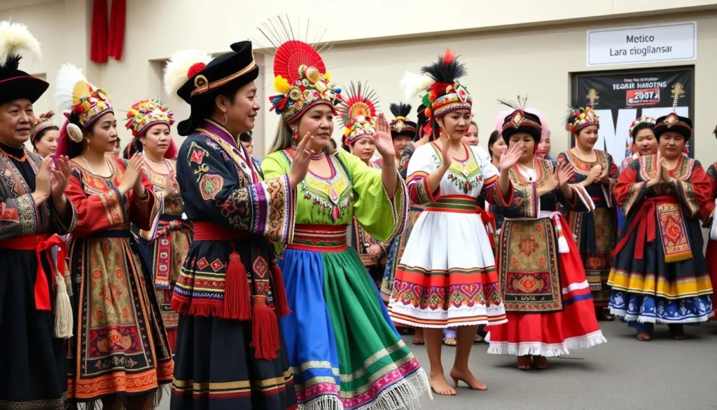 Traditional dance performance by indigenous people of Kamchatka in colorful costumes Traditional dance performance by indigenous people of Kamchatka in colorful costumes