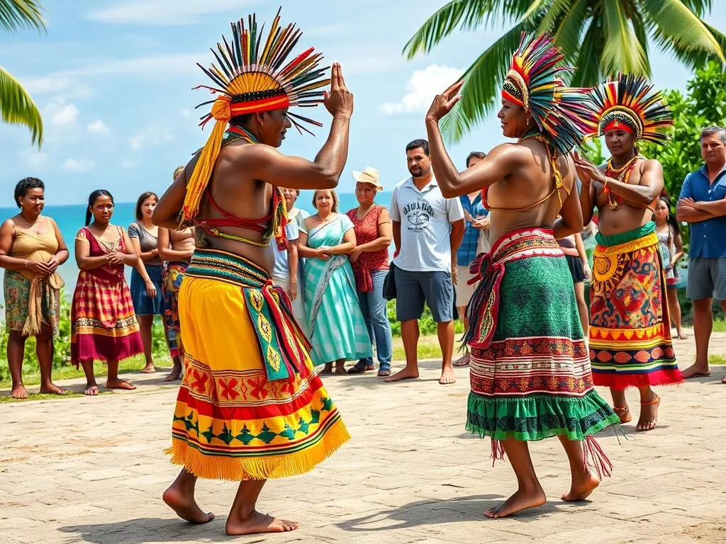 Traditional dance performance by local Amerindian community near Sloth Island