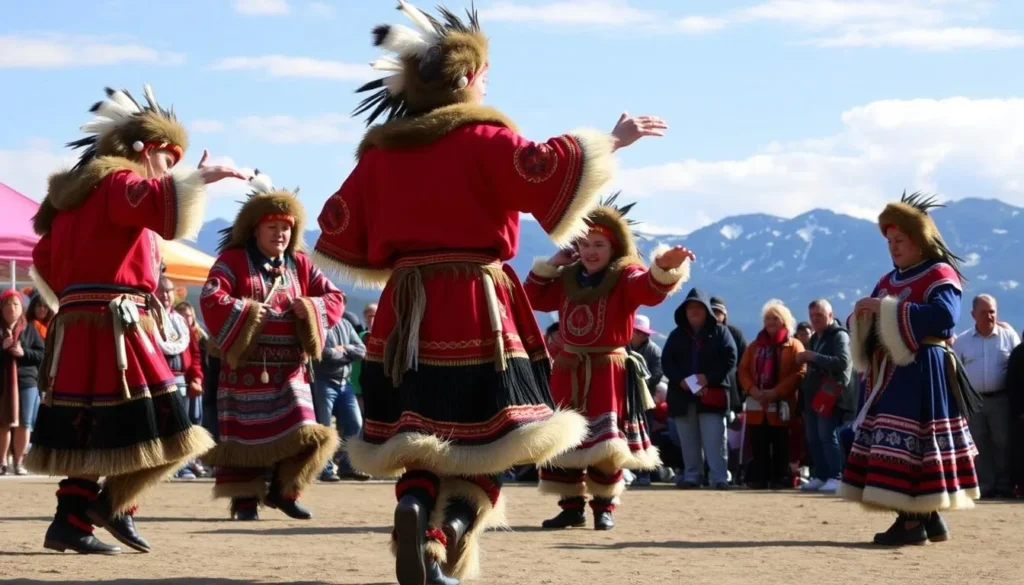 Traditional dancers performing at the Beringia Festival in colorful national costumes Traditional dancers performing at the Beringia Festival in colorful national costumes