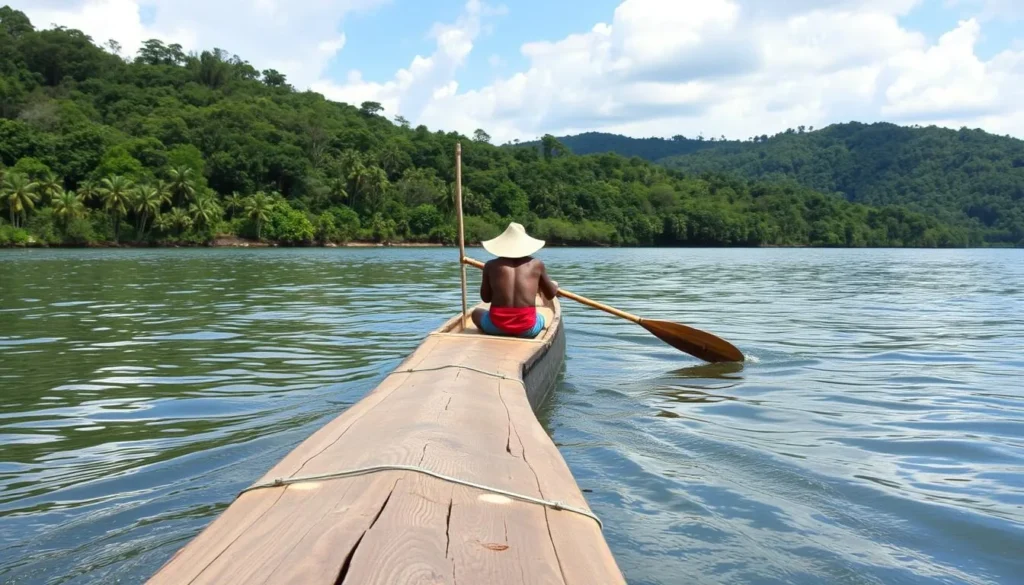 Traditional dugout canoe on Lake Sandvoort with local guide Traditional dugout canoe on Lake Sandvoort with local guide