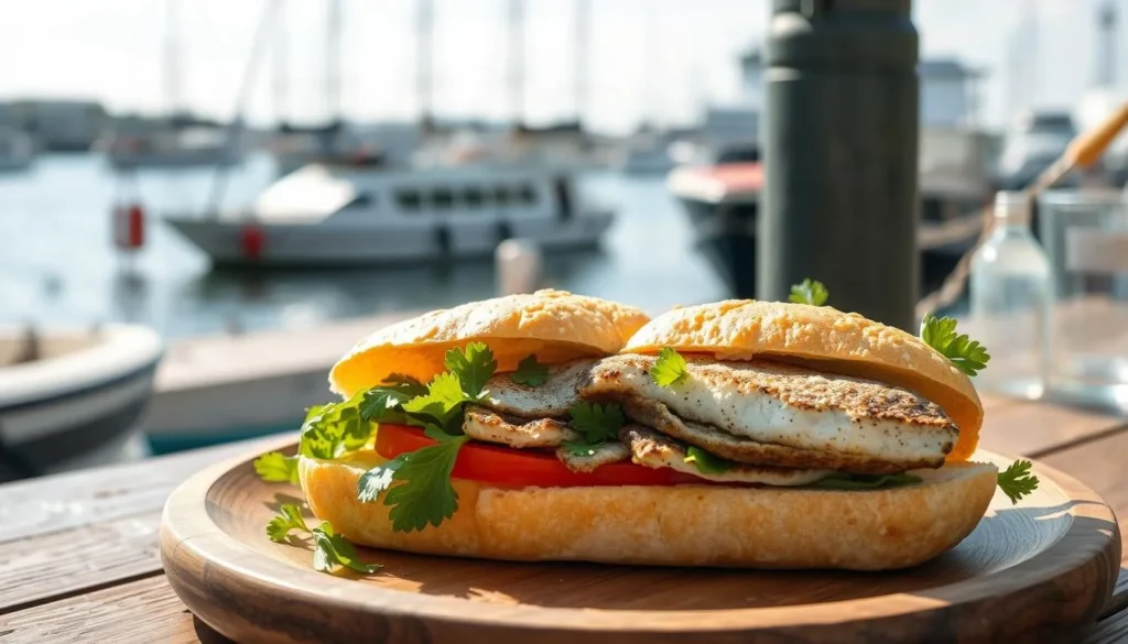 Traditional fish sandwich (Fischbrötchen) with fresh ingredients on a plate by the harbor