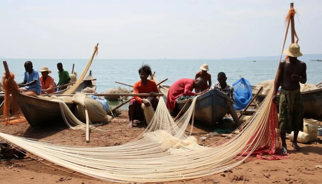 Traditional fishing village on Lake Victoria with fishermen preparing nets Traditional fishing village on Lake Victoria with fishermen preparing nets