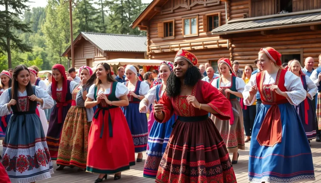 Traditional folk festival in Vodlozersky National Park with people in traditional Russian costumes Traditional folk festival in Vodlozersky National Park with people in traditional Russian costumes