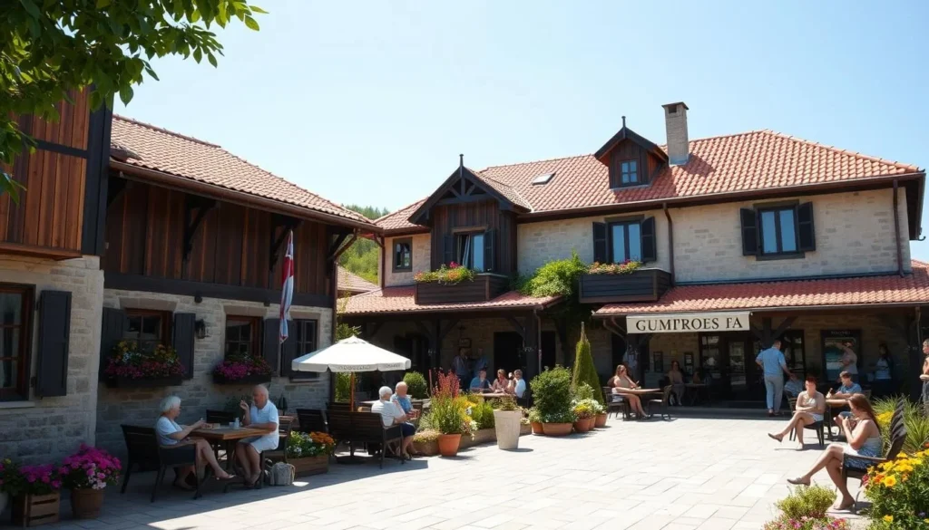 Traditional guesthouse in Kumroec with wooden architecture and flower gardens
