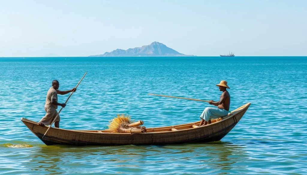 Traditional papyrus boat (tankwa) on Lake Tana with fishermen demonstrating traditional fishing methods