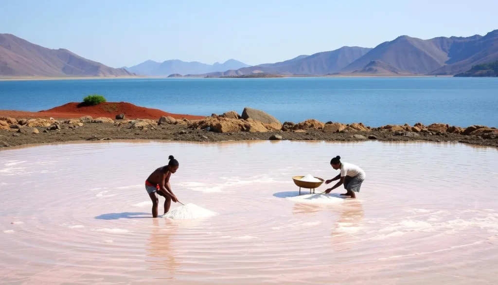 Traditional salt mining at Lake Katwe crater lake, Kasese Uganda Traditional salt mining at Lake Katwe crater lake, Kasese Uganda
