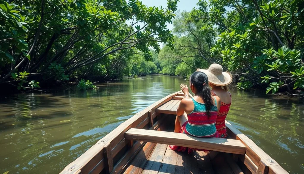 Traditional wooden boat navigating through mangroves near Shell Beach Islands Guyana