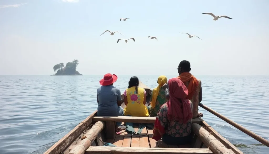 Traditional wooden boat with local guide taking tourists to Bird Islands on Lake Ziway